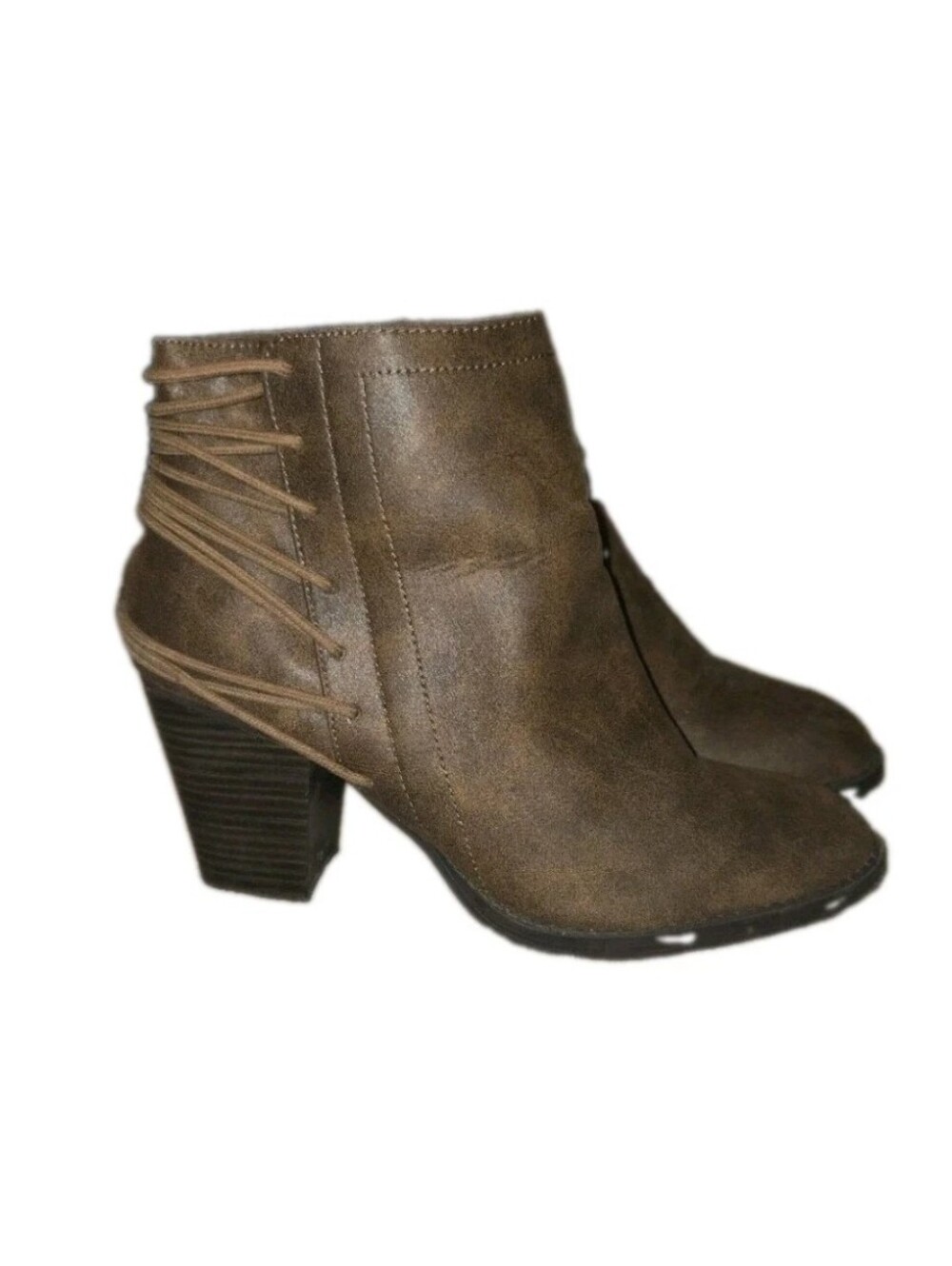 Candie's Brown Faux-Leather Ankle Booties with Wrapped Side Lacing